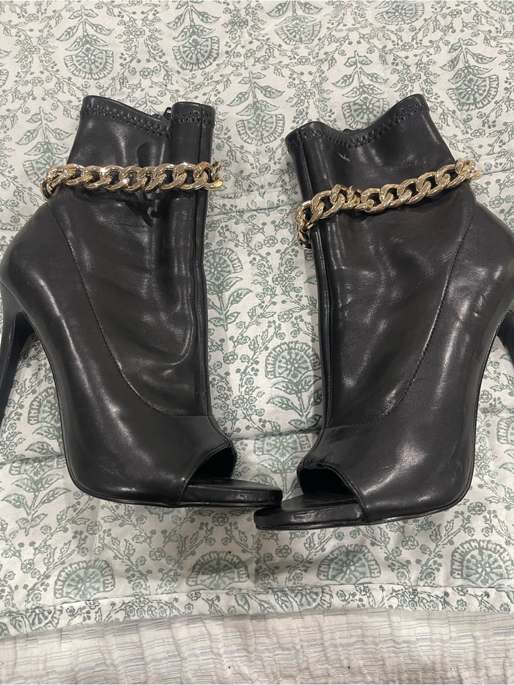 Steve Madden Black Peep-Toe Ankle Boots with Gold Chain